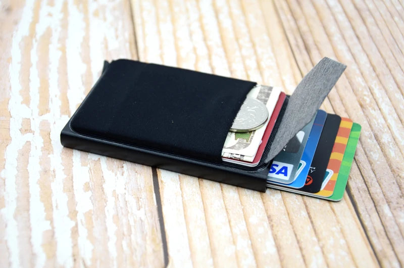 YUECIMIE Slim Aluminum Wallet With Elasticity Back Pouch ID Credit Card Holder Mini RFID Wallet Automatic Pop up Bank Card Case