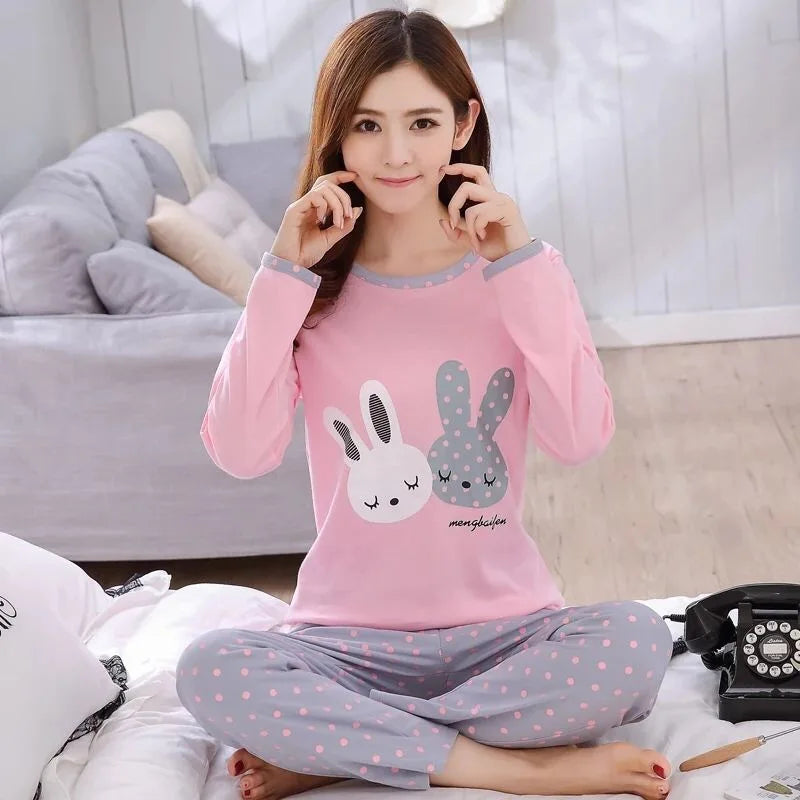 Autumn Thin 2pieces Pyjamas Set Women 2025 Round Neck Girls Bear Pajamas Sets Teacup Cat Full Sleepwear Tops lovers Pajama Mujer - Smarsty