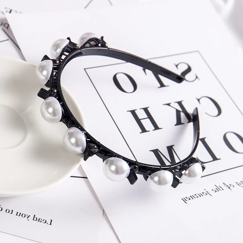 Double Layer Braided Headband With Pearl Accent Comfortable - Smarsty