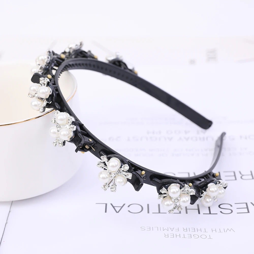 Double Layer Braided Headband With Pearl Accent Comfortable - Smarsty