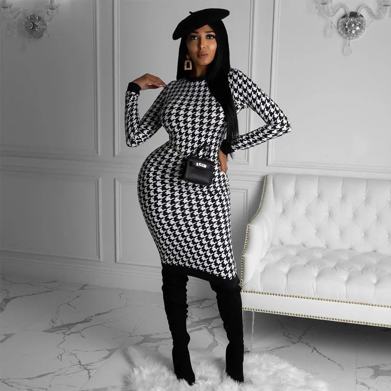 Houndstooth Print Women Long Sleeve Midi Dress Hollow Out Bodycon Sexy Streetwear 2022 Autumn Winter Club Elegant Slim - Smarsty