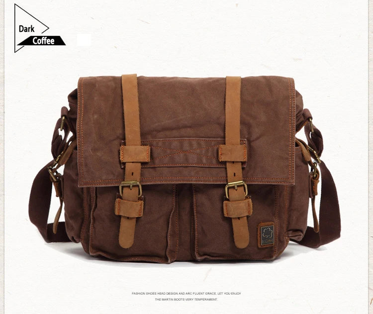 Vintage Leather Canvas Messenger Bag Unisex Crossbody - Smarsty