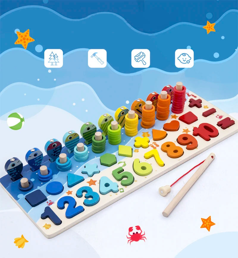3D Preschool Children Educational Toys Wooden Montessori Arithmetic Magnetic Fishing Digital Shape Matching Building Block Toys - Smarsty