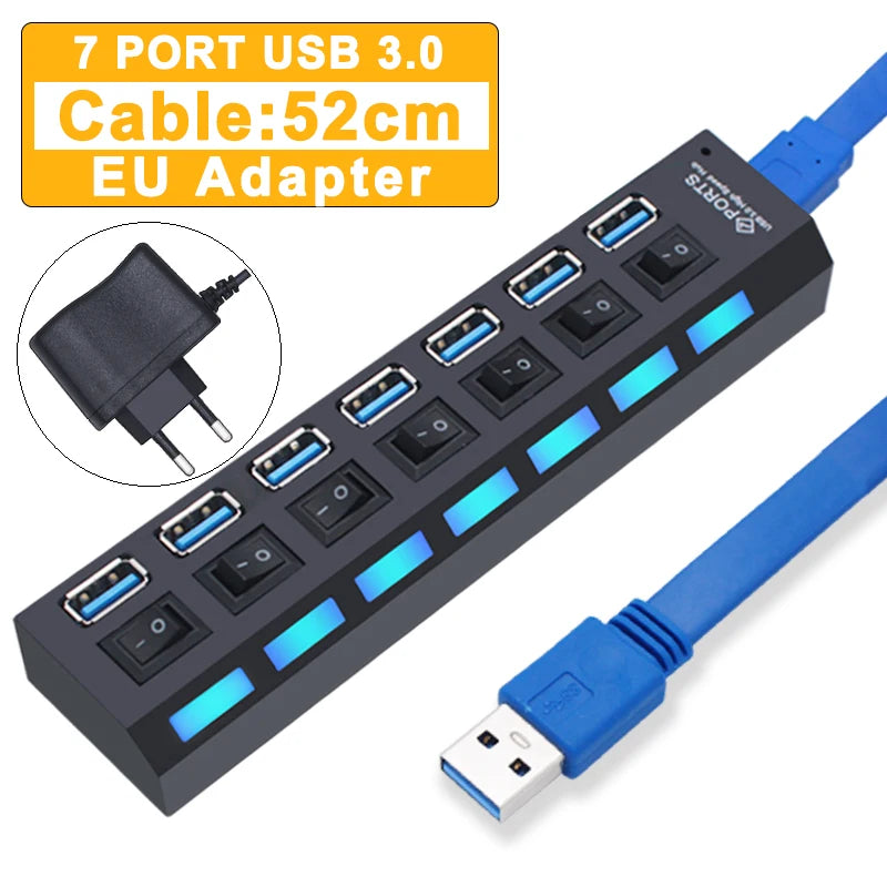 USB Hub 3.0 With Power Switch 7 Port Expansion Pro
