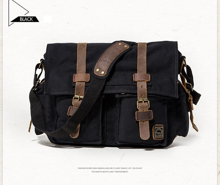Vintage Leather Canvas Messenger Bag Unisex Crossbody - Smarsty