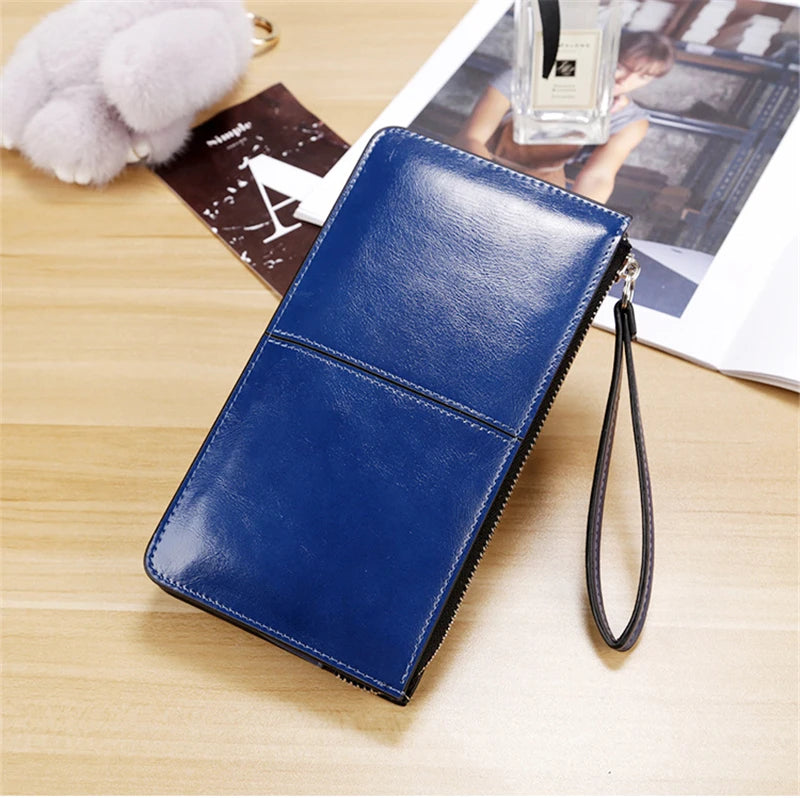 Women's Vintage Oil Wax PU Leather Clutch Wallet Female Large Capacity Phone Purse Ladies Wristband Simple Card Holder Pouch Bag