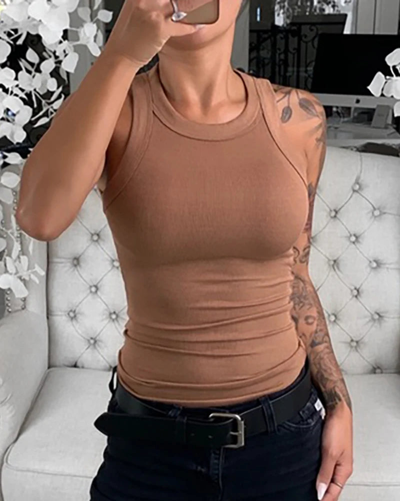 Women Solid Round Neck Ribbed Tank Top Camisole Women Summer Basic Elastic Tank Top O Neck Solid Tank Top - Smarsty