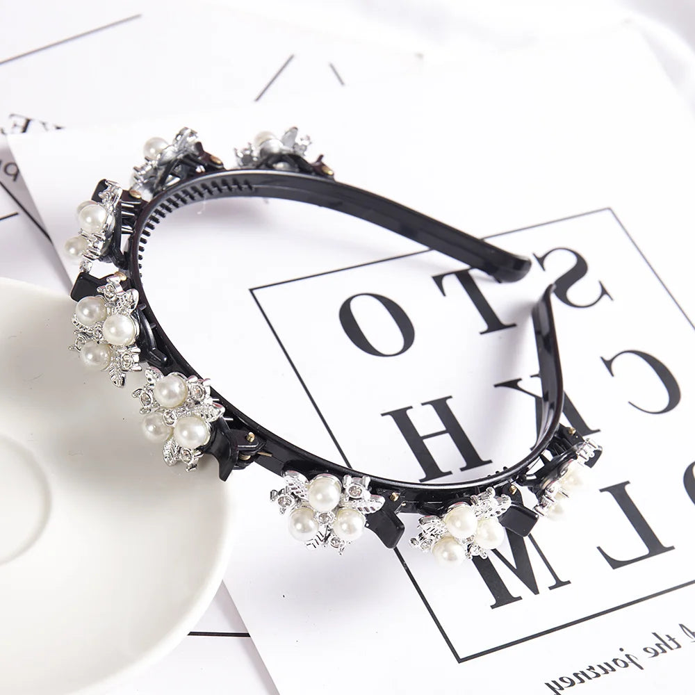 Double Layer Braided Headband With Pearl Accent Comfortable - Smarsty
