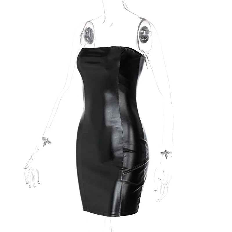 Women Summer Sexy Party Strapless Bodycon Pu Leather Slim Package Hip Black Mini Dress Sundress Female Clothing - Smarsty