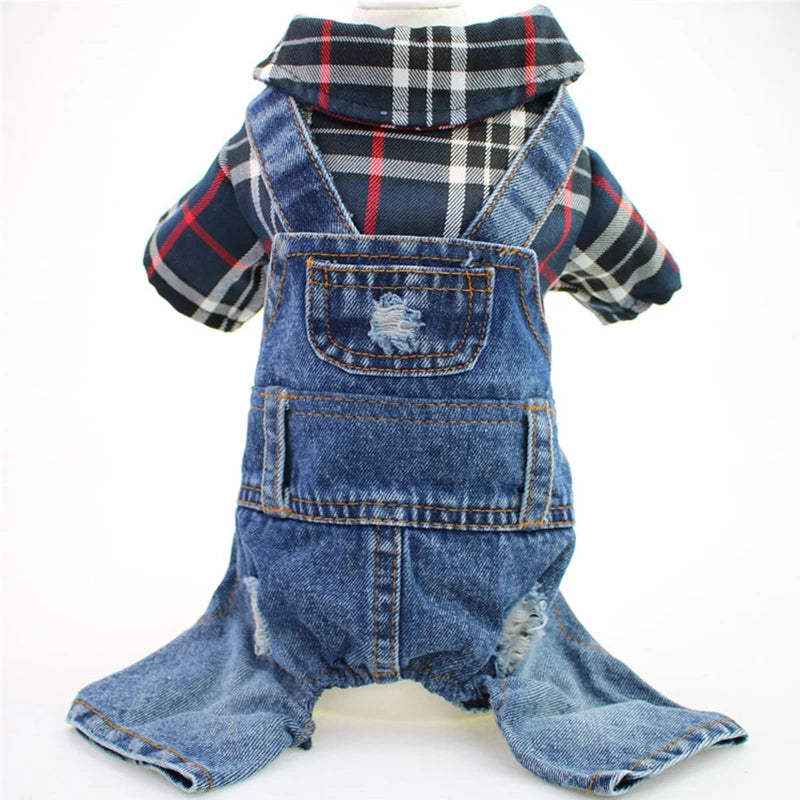 Denim Plaid Jumpsuit Hoodie for Dogs and Cats - Smarsty