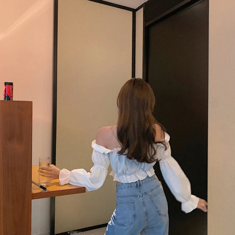 Women Top Sexy Blouse Off Shoulder Top Long Sleeve Solid Color White Shirt Puff Sleeve Ruffle Tunic Crop Top Summer Tube Top - Smarsty