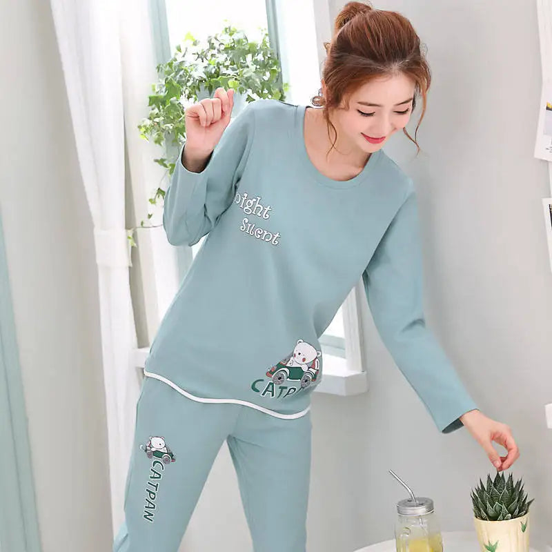 Autumn Thin 2pieces Pyjamas Set Women 2025 Round Neck Girls Bear Pajamas Sets Teacup Cat Full Sleepwear Tops lovers Pajama Mujer - Smarsty