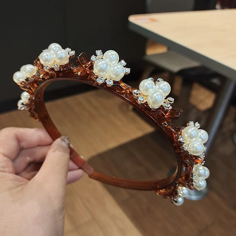 Double Layer Braided Headband With Pearl Accent Comfortable - Smarsty