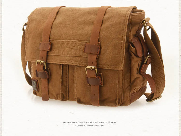 Vintage Leather Canvas Messenger Bag Unisex Crossbody - Smarsty