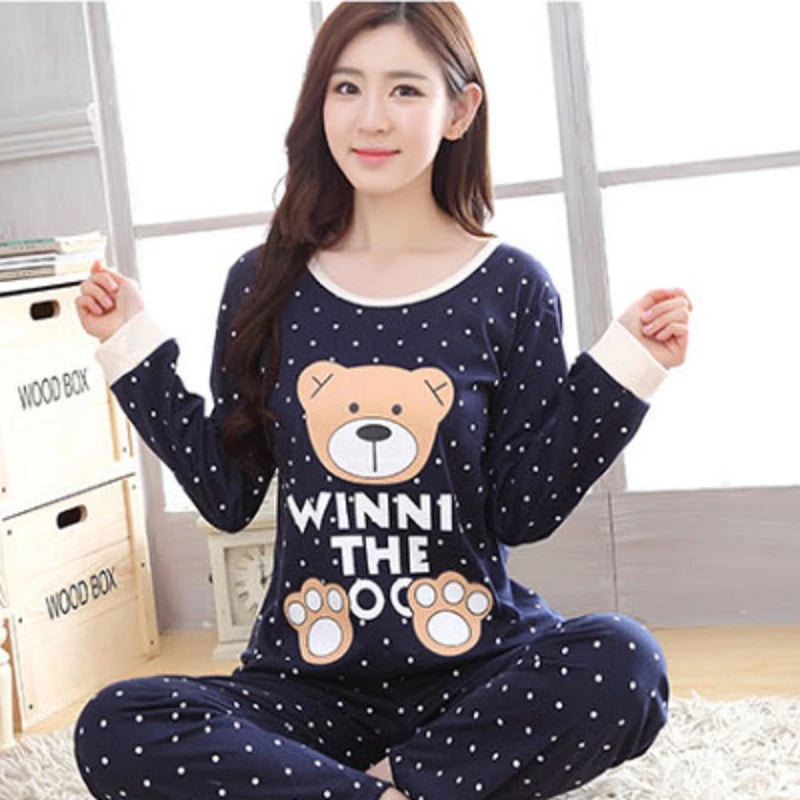 Autumn Thin 2pieces Pyjamas Set Women 2025 Round Neck Girls Bear Pajamas Sets Teacup Cat Full Sleepwear Tops lovers Pajama Mujer - Smarsty