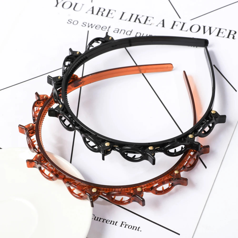 Double Layer Braided Headband With Pearl Accent Comfortable - Smarsty