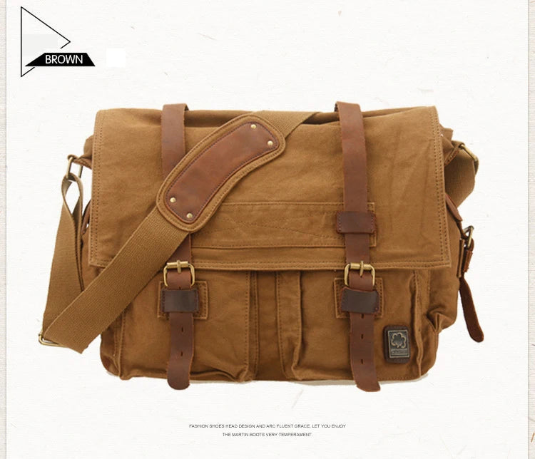 Vintage Leather Canvas Messenger Bag Unisex Crossbody - Smarsty