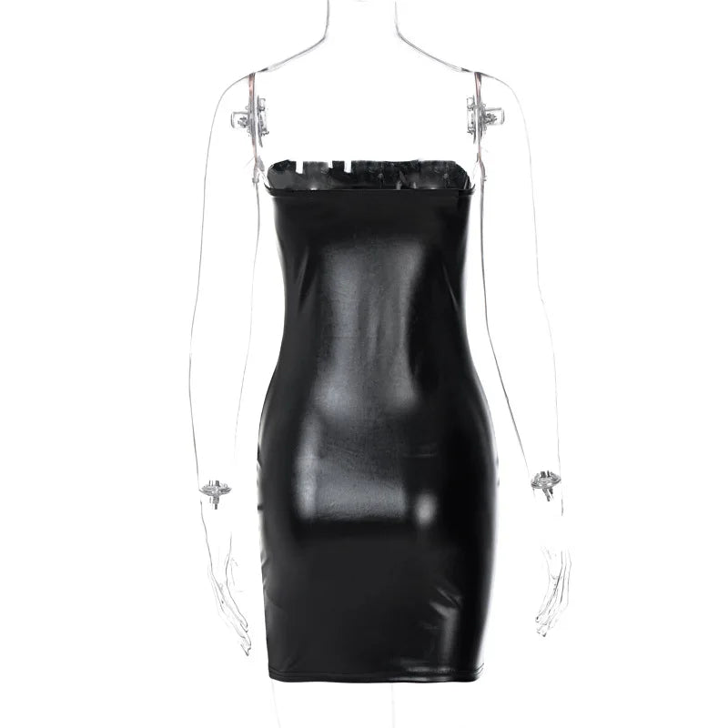 Women Summer Sexy Party Strapless Bodycon Pu Leather Slim Package Hip Black Mini Dress Sundress Female Clothing - Smarsty