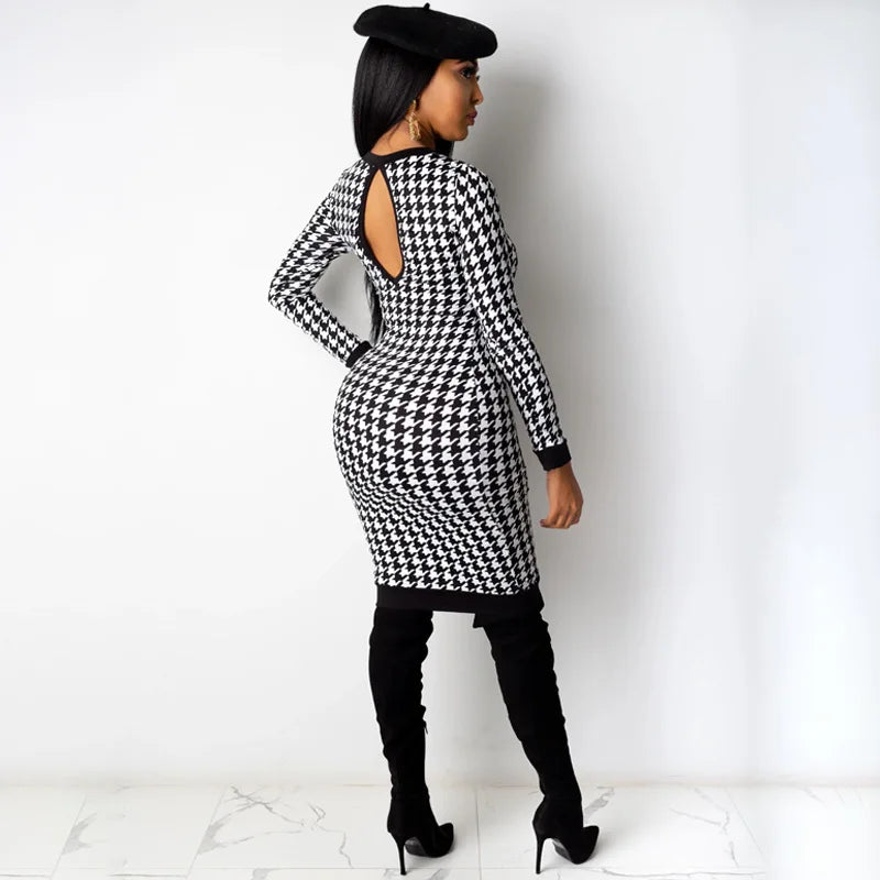 Houndstooth Print Women Long Sleeve Midi Dress Hollow Out Bodycon Sexy Streetwear 2022 Autumn Winter Club Elegant Slim - Smarsty
