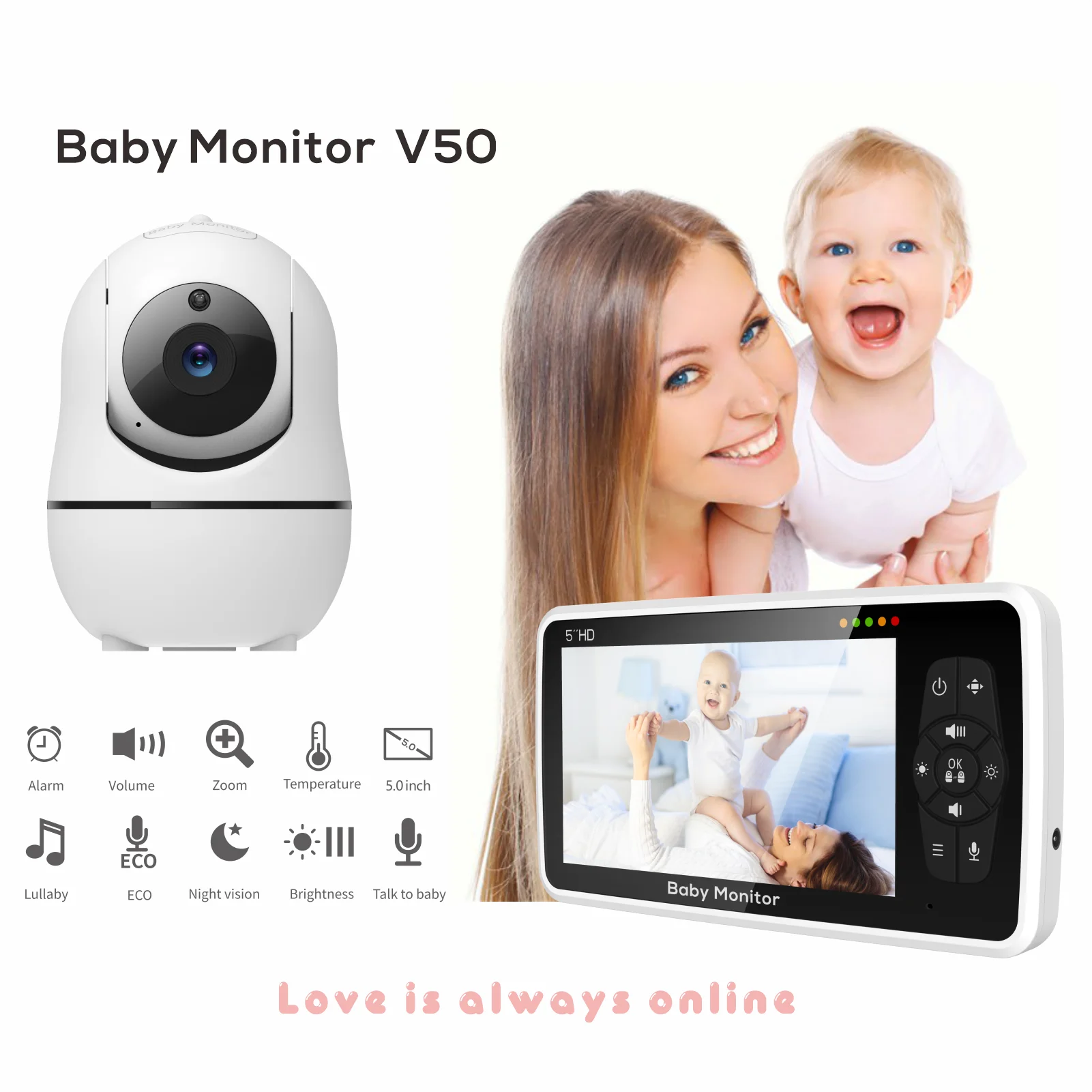 New 5 Inch Video Baby Monitor with Camera and Audio, 4X Zoom, 22Hrs Battery, 1000ft Range 2-Way Temperature Sensor Lullaby
