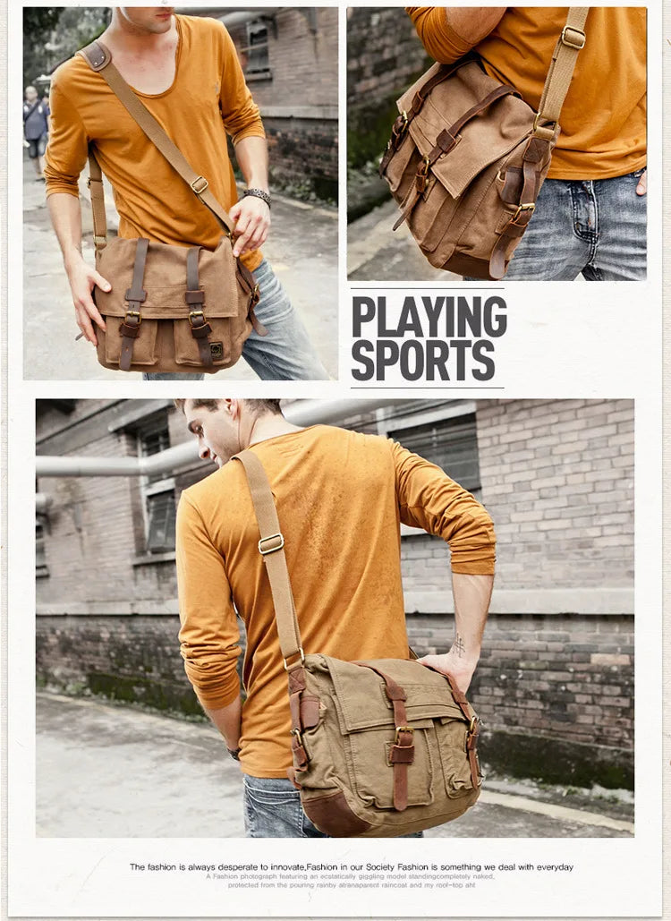 Vintage Leather Canvas Messenger Bag Unisex Crossbody - Smarsty