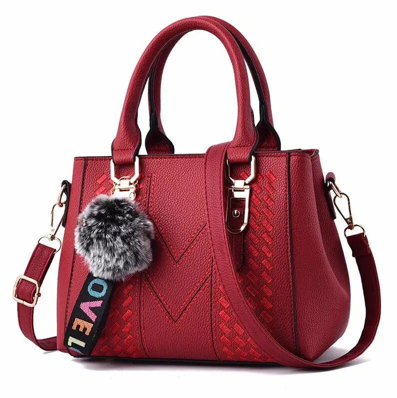 Embroidered Leather Messenger Bag for Women With Fur Accent - Smarsty