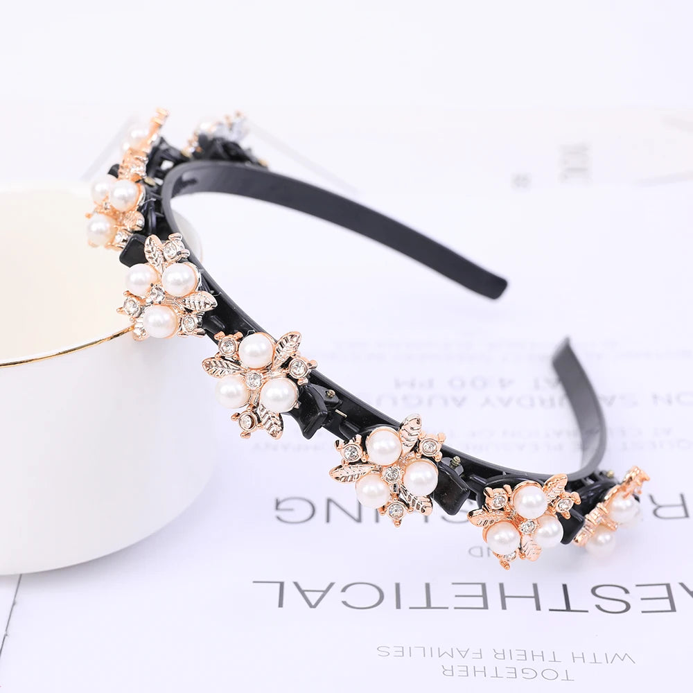 Double Layer Braided Headband With Pearl Accent Comfortable - Smarsty