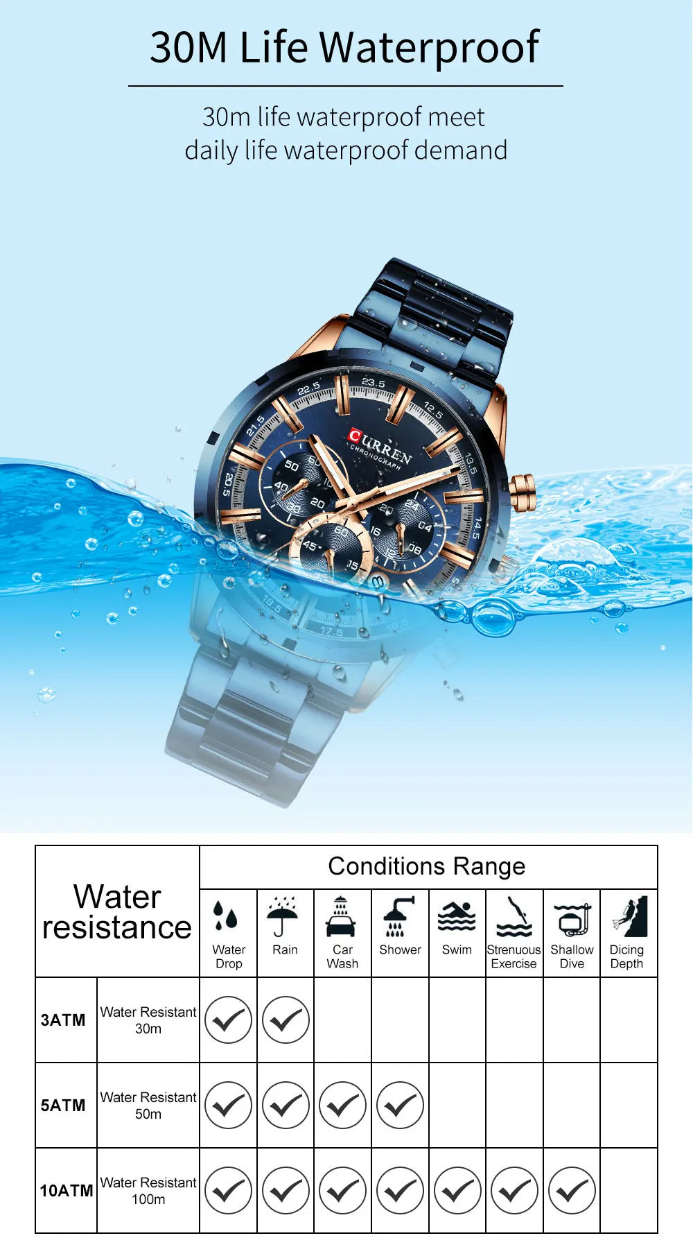 Curren Men's Waterproof Business Watch with Blue Dial - Smarsty