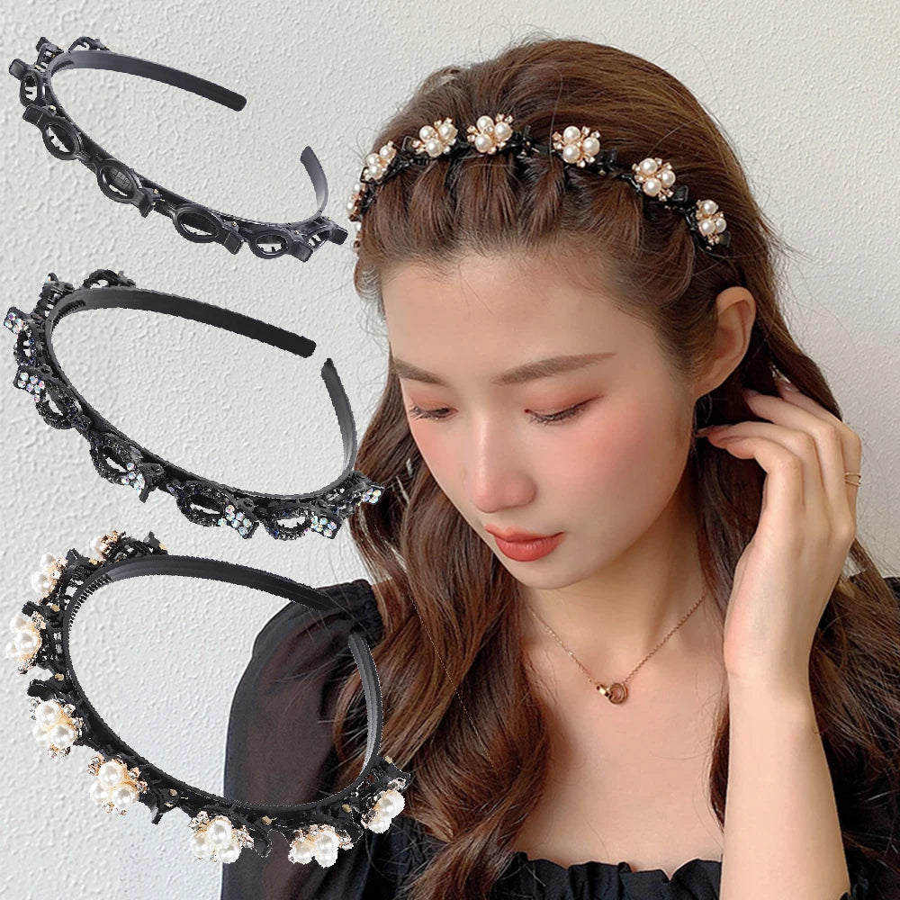 Double Layer Braided Headband With Pearl Accent Comfortable - Smarsty
