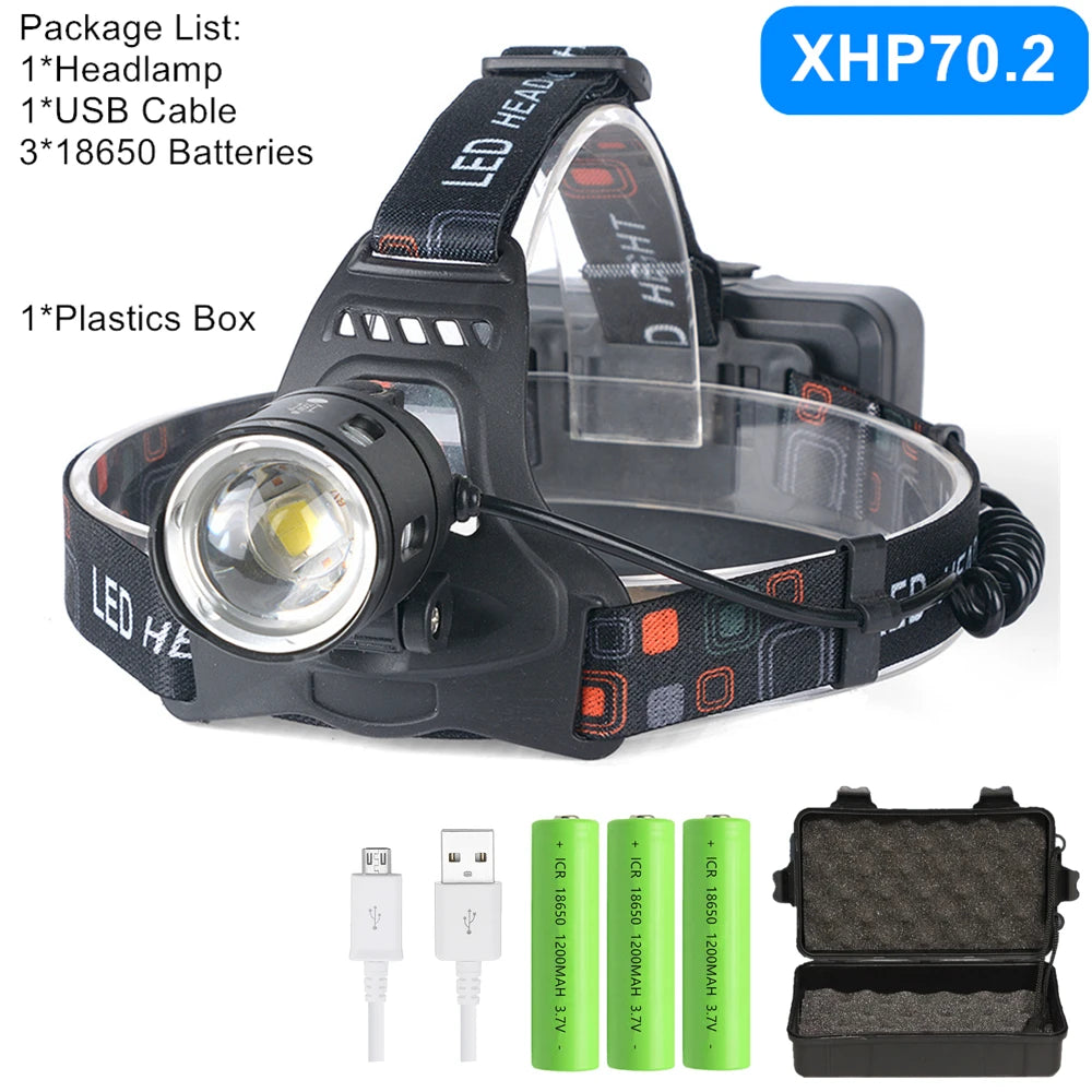 Powerful XHP70.2 XHP50.2 Led Headlamp Headlight Zoom Head Lamp Flashlight Torch 18650 battery USB Rechargeable Fishing Lantern by Smarsty
