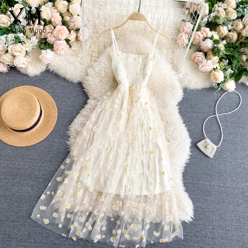 YuooMuoo Korean Fashion Daisy Flower Print Mesh Party Dress Summer Two Layers Spaghetti Strap Vacation Midi Dress Beach Vestidos - Smarsty