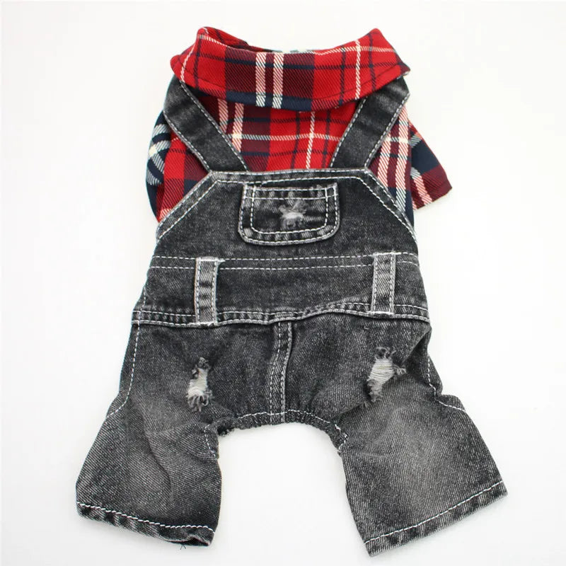 Denim Plaid Jumpsuit Hoodie for Dogs and Cats - Smarsty