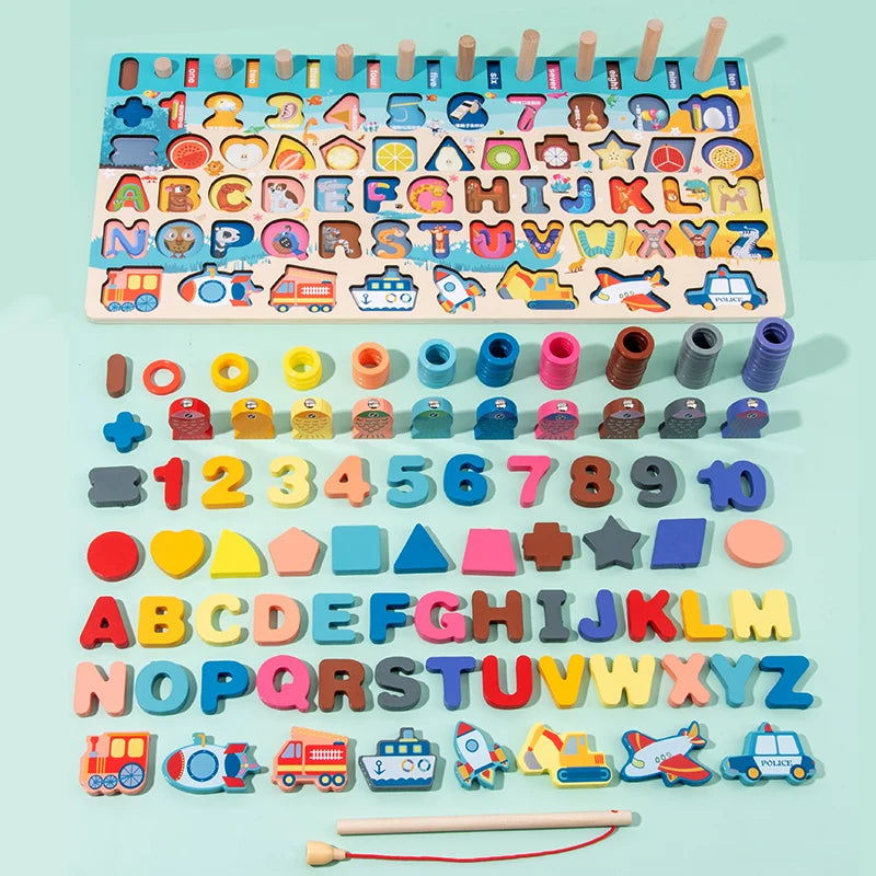 3D Preschool Children Educational Toys Wooden Montessori Arithmetic Magnetic Fishing Digital Shape Matching Building Block Toys - Smarsty