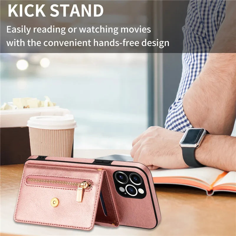 Zipper Wallet Phone Case For iPhone 14 13 12 11 X XS XR Leather Card Back Crossbody Strap Leather Magnetic Wallet Phone Case by Smarsty