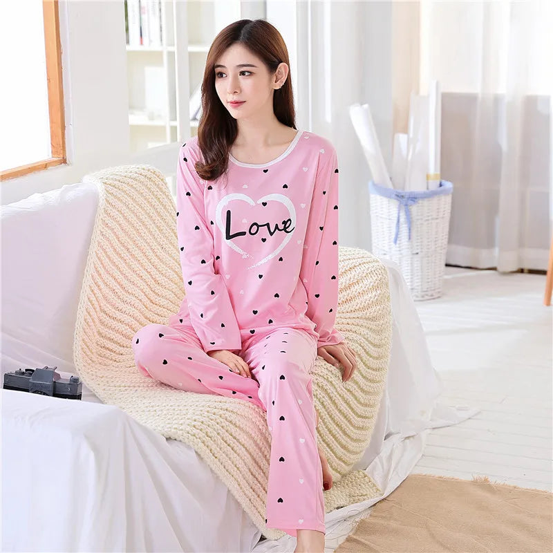 Autumn Thin 2pieces Pyjamas Set Women 2025 Round Neck Girls Bear Pajamas Sets Teacup Cat Full Sleepwear Tops lovers Pajama Mujer - Smarsty