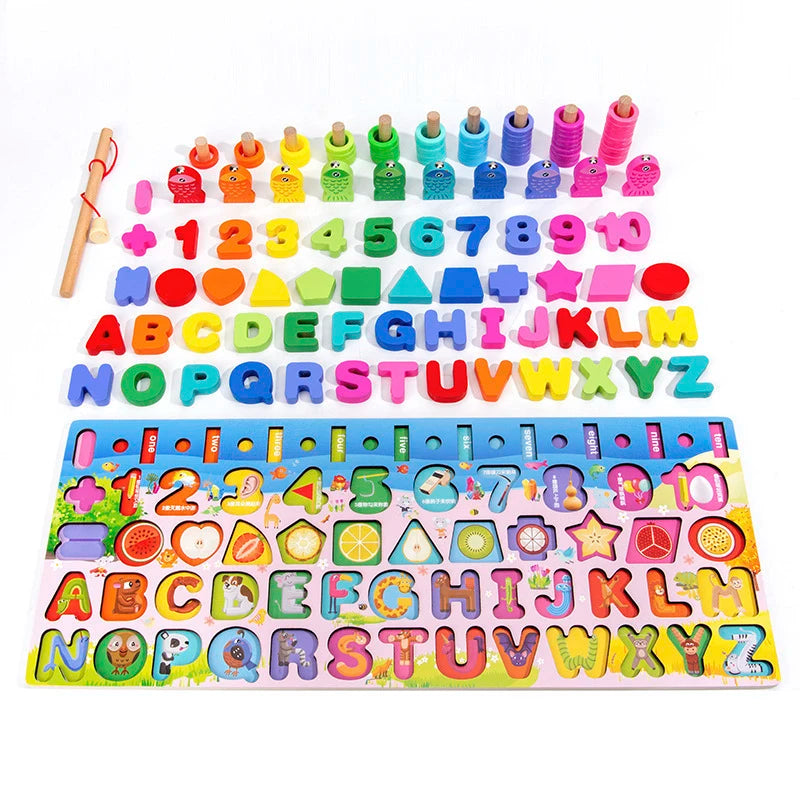 3D Preschool Children Educational Toys Wooden Montessori Arithmetic Magnetic Fishing Digital Shape Matching Building Block Toys - Smarsty