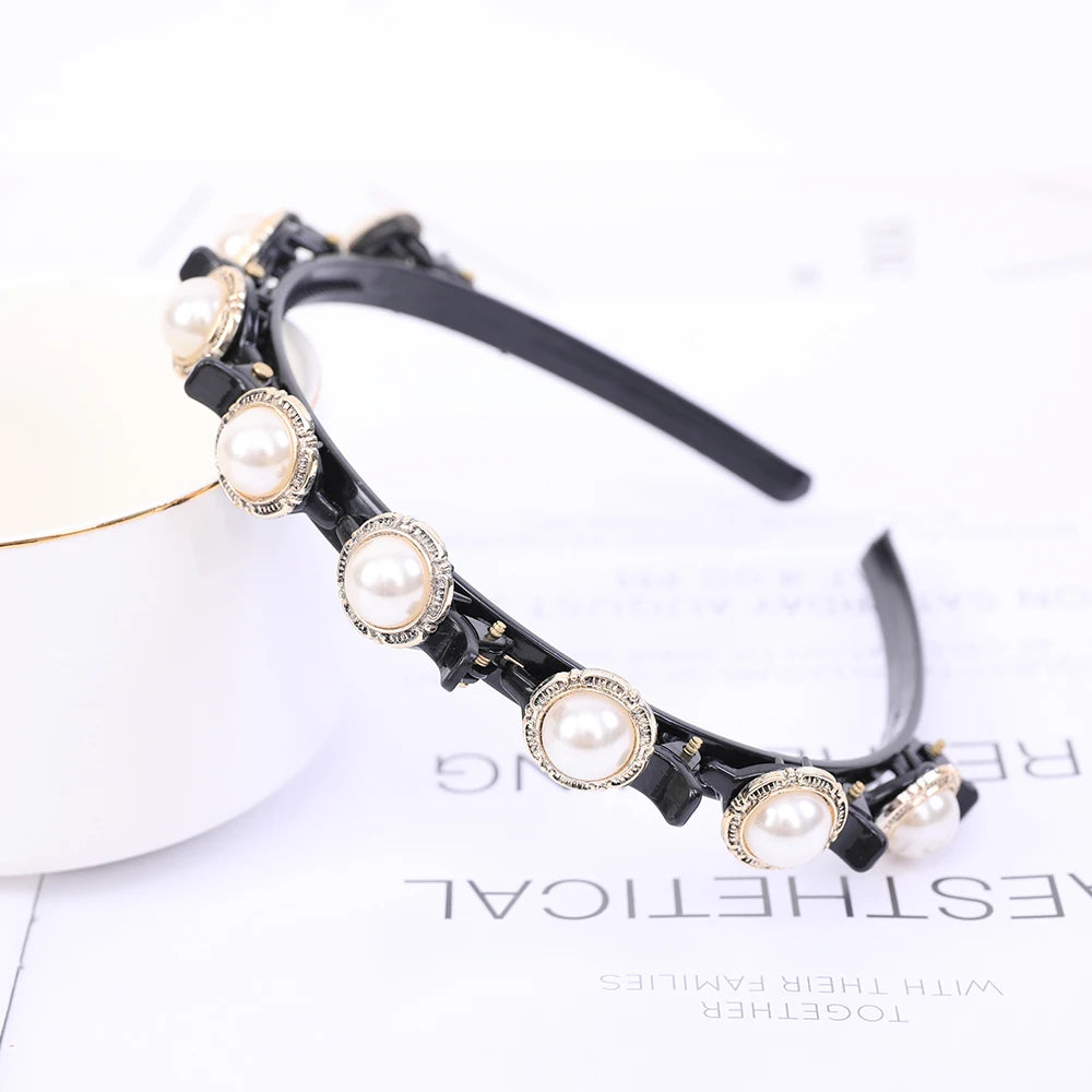 Double Layer Braided Headband With Pearl Accent Comfortable - Smarsty