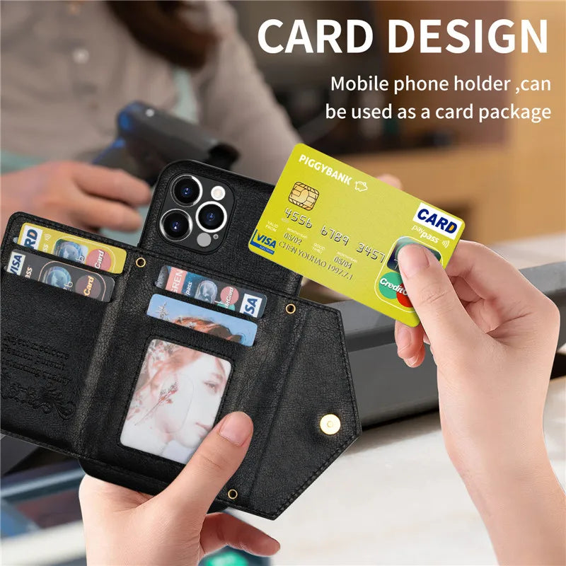 Zipper Wallet Phone Case For iPhone 14 13 12 11 X XS XR Leather Card Back Crossbody Strap Leather Magnetic Wallet Phone Case by Smarsty