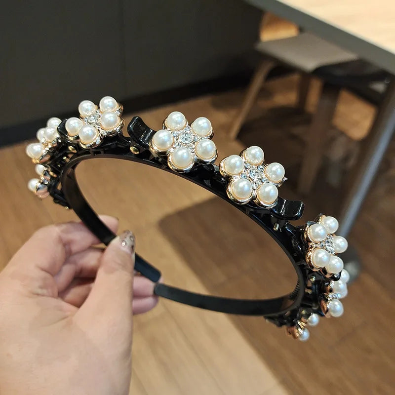 Double Layer Braided Headband With Pearl Accent Comfortable - Smarsty