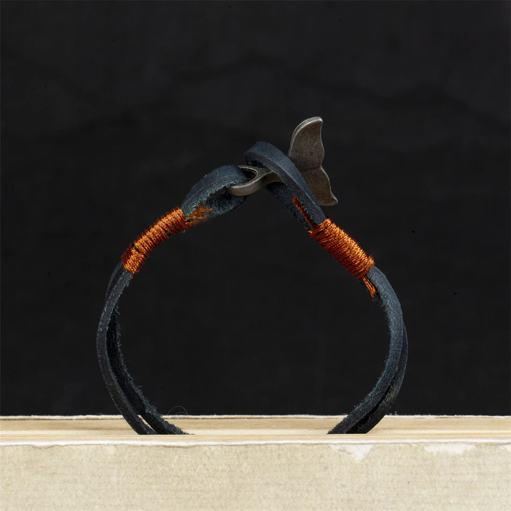 Vintage Leather Whale Tail Bracelet Beach Jewelry for Men Women - Smarsty