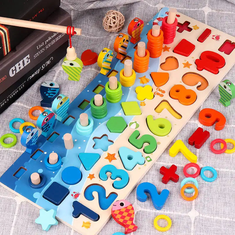 3D Preschool Children Educational Toys Wooden Montessori Arithmetic Magnetic Fishing Digital Shape Matching Building Block Toys - Smarsty