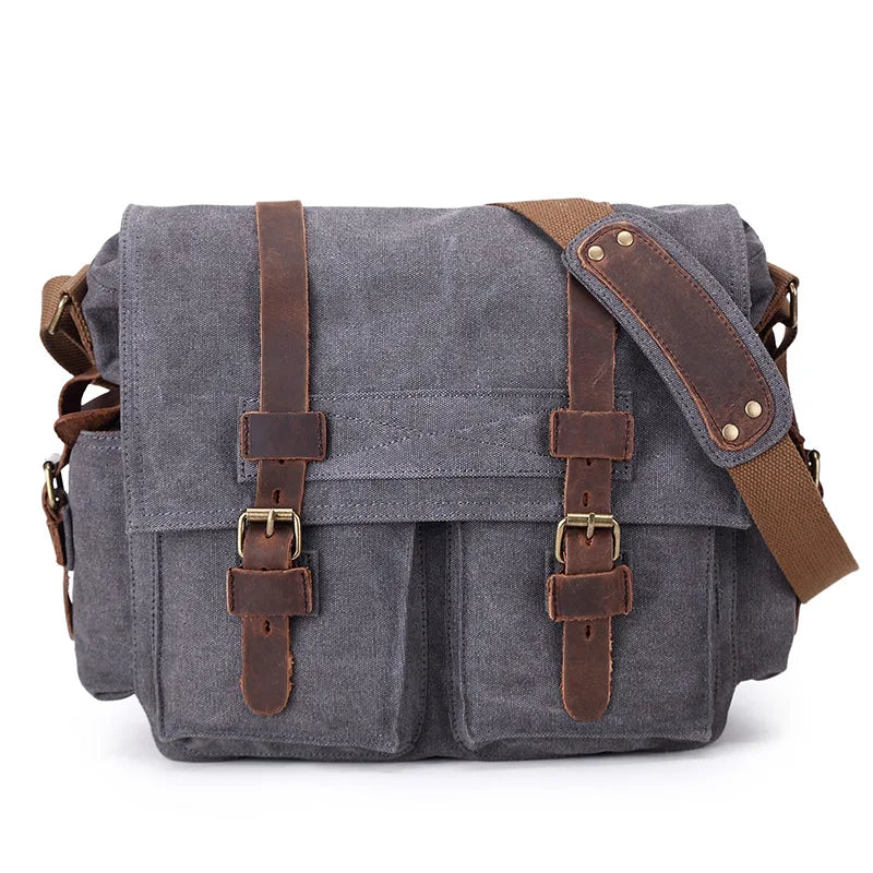 Vintage Leather Canvas Messenger Bag Unisex Crossbody - Smarsty