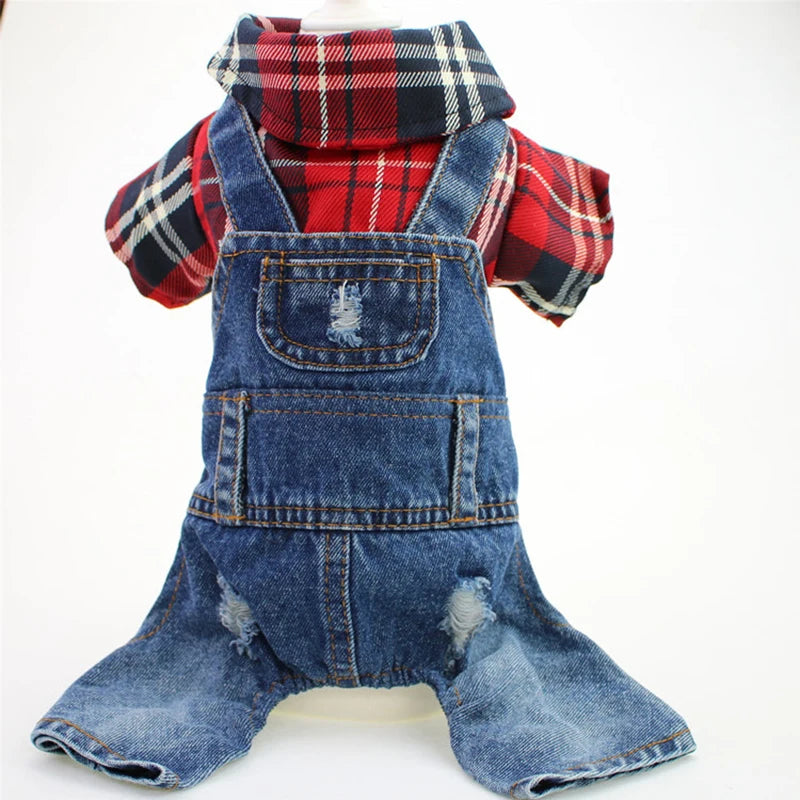 Denim Plaid Jumpsuit Hoodie for Dogs and Cats - Smarsty