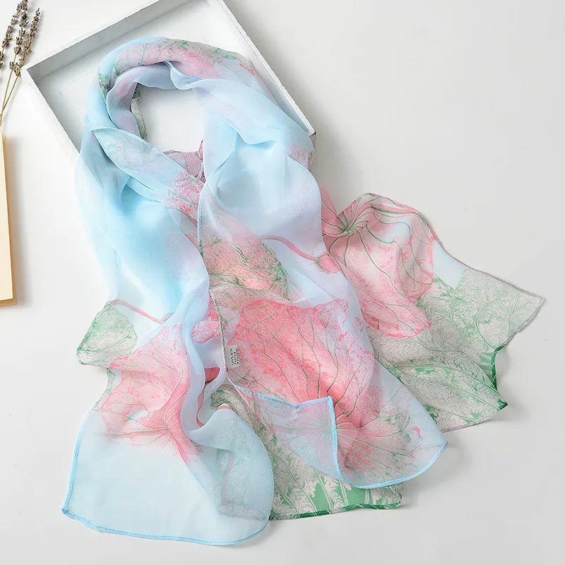 Women Silk Floral Scarf Long Sunscreen Beach Wrap - Smarsty