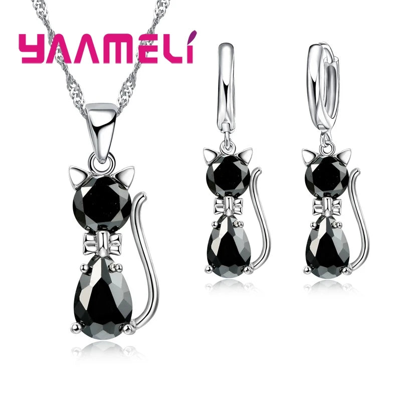 Real 925 Sterling Silver Cat Jewelry Set with Austrian Crystals - Smarsty