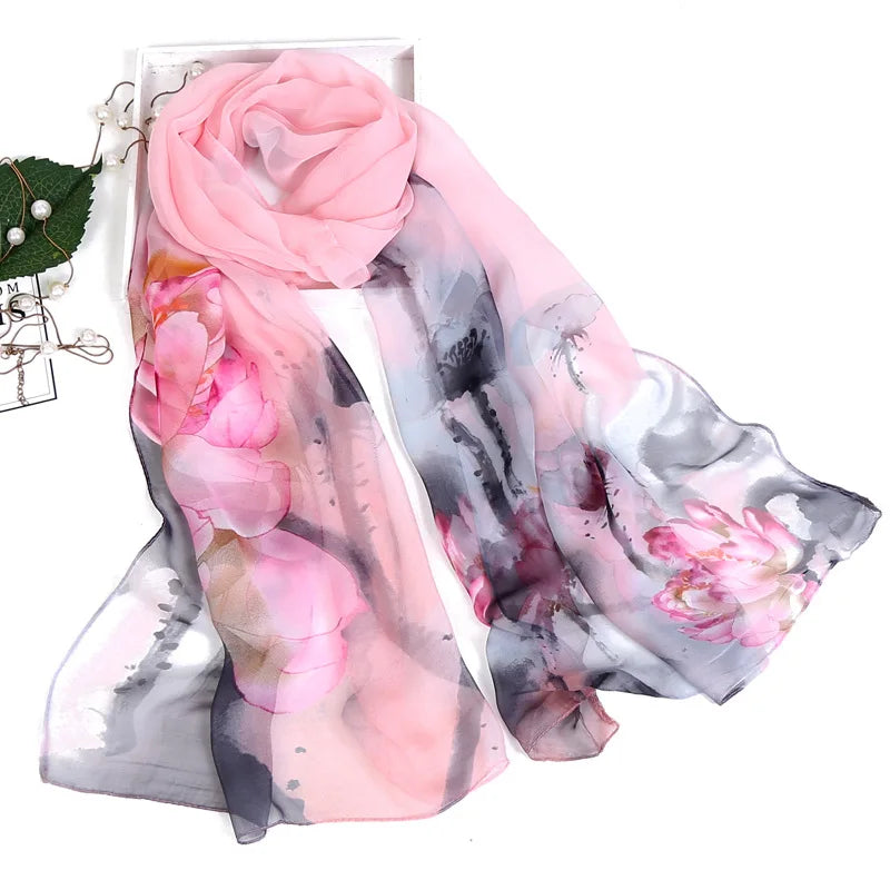 Women Silk Floral Scarf Long Sunscreen Beach Wrap - Smarsty