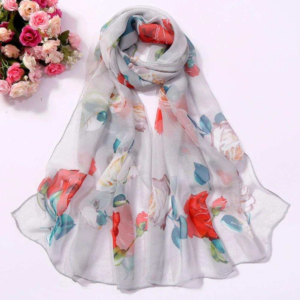 Women Silk Floral Scarf Long Sunscreen Beach Wrap - Smarsty