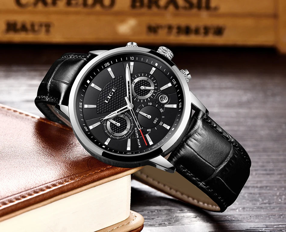 LIGE Luxury Men's Leather Sport Watch with Chronograph - Smarsty