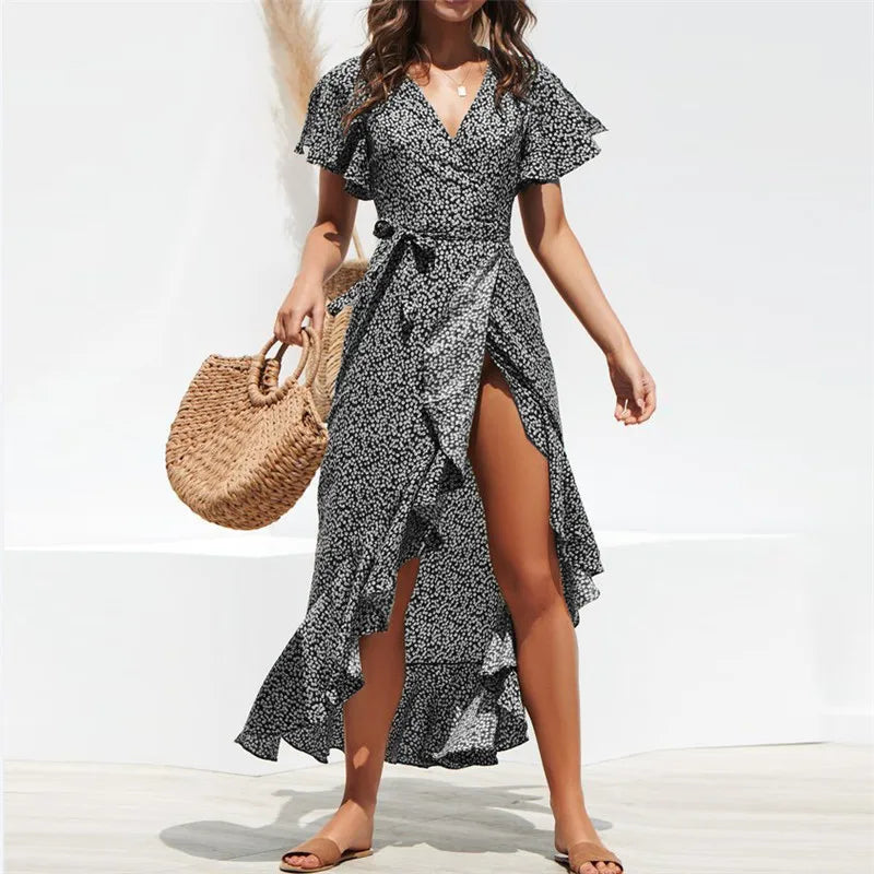 Summer Beach Maxi Dress Women Floral Print Boho Long Chiffon Dress Ruffles Wrap Casual V-Neck Split Sexy Party Dress Robe Femme - Smarsty