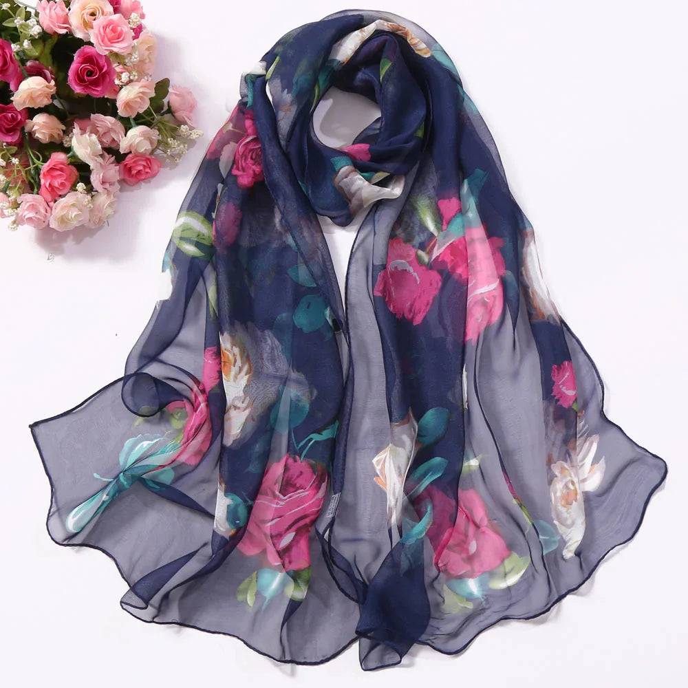 Women Silk Floral Scarf Long Sunscreen Beach Wrap - Smarsty